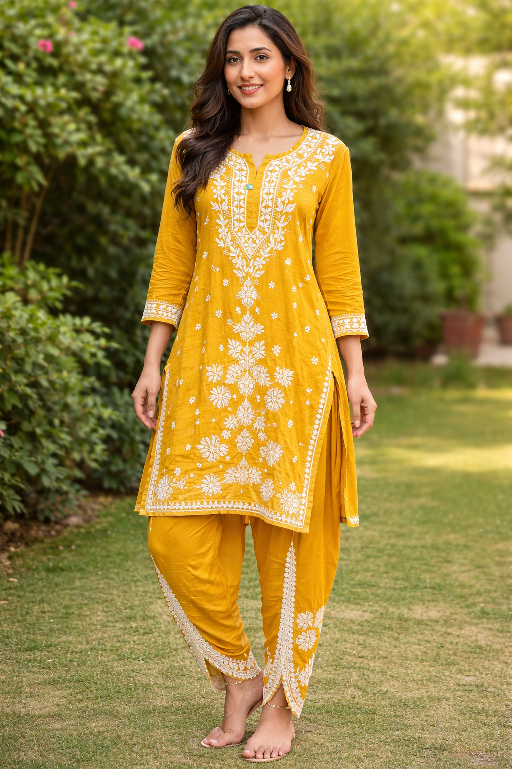 Rayon Chikankari Kurta with Dhoti Pants Set
