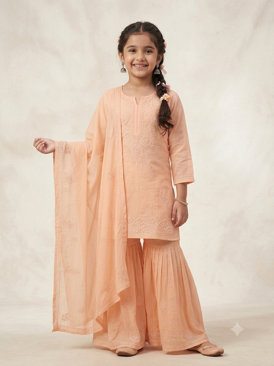 Kids Pure Cotton Chikankari Kurta Set with Sharara and Dupatta (Pastel Peach)