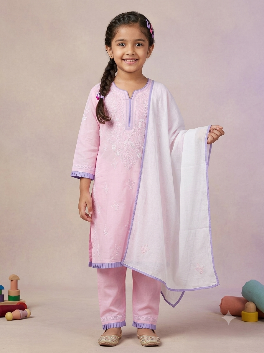 Pure Cotton Kids Chikankari Kurta Set with Dupatta (Pastel Pink)