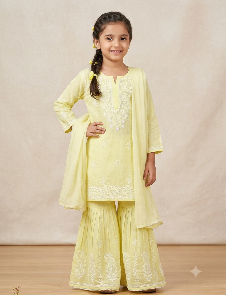 Kids Pure Cotton Chikankari Kurta Set with Sharara and Dupatta (Pastel Yellow)
