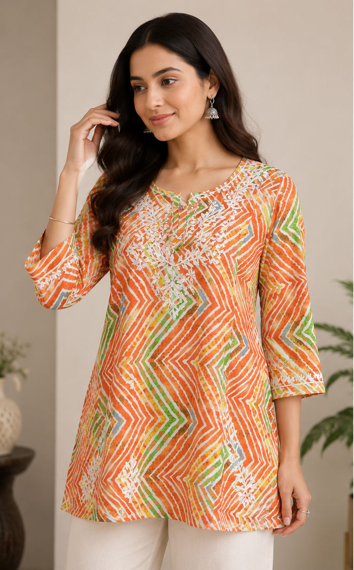 Cotton Orange short Kurti with White Chikankari