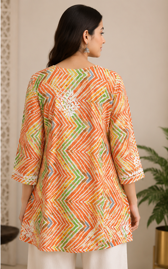 Cotton Orange short Kurti with White Chikankari