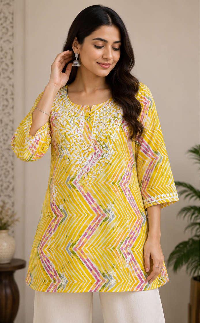 Cotton Yellow short Kurti with White Chikankari