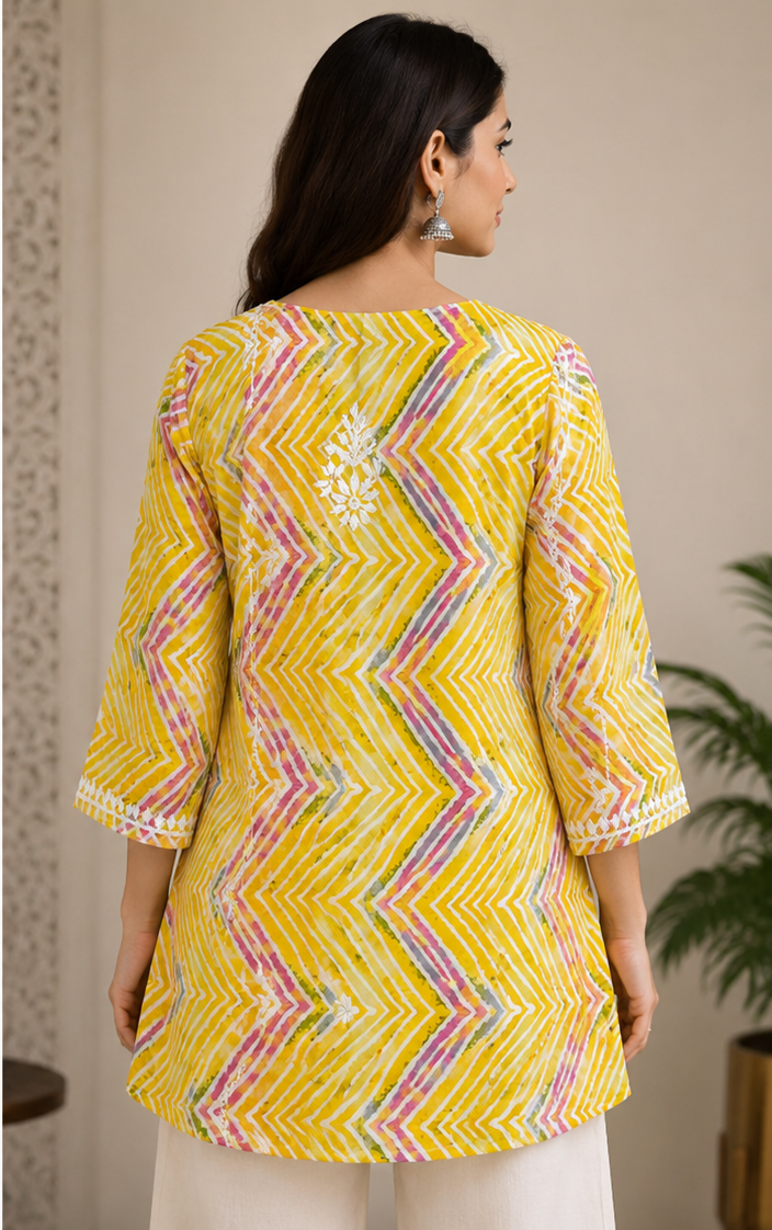 Cotton Yellow short Kurti with White Chikankari
