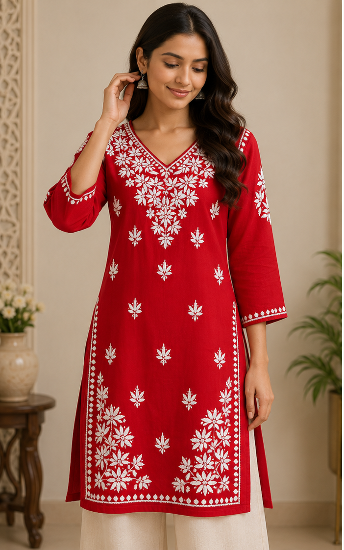 Rayon Red Short Kurti with White Chikankari Embroidery