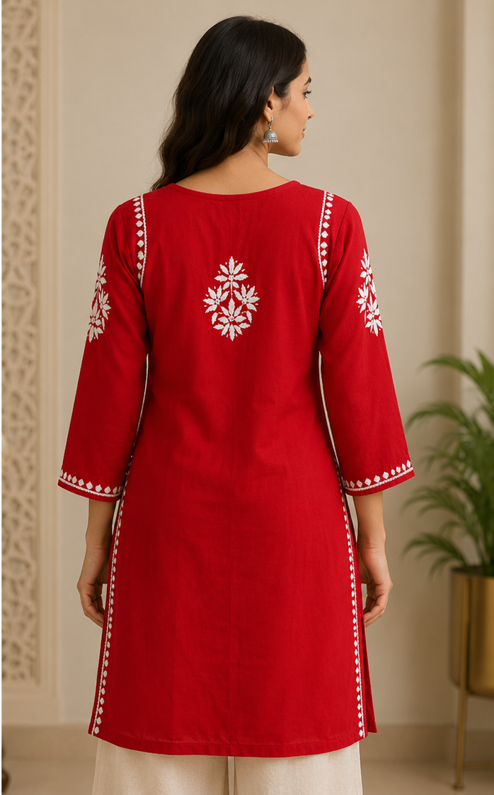 Rayon Red Short Kurti with White Chikankari Embroidery