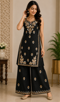 Rayon Black Kurti and Palazzo Set with White and Yellow Chikankari
