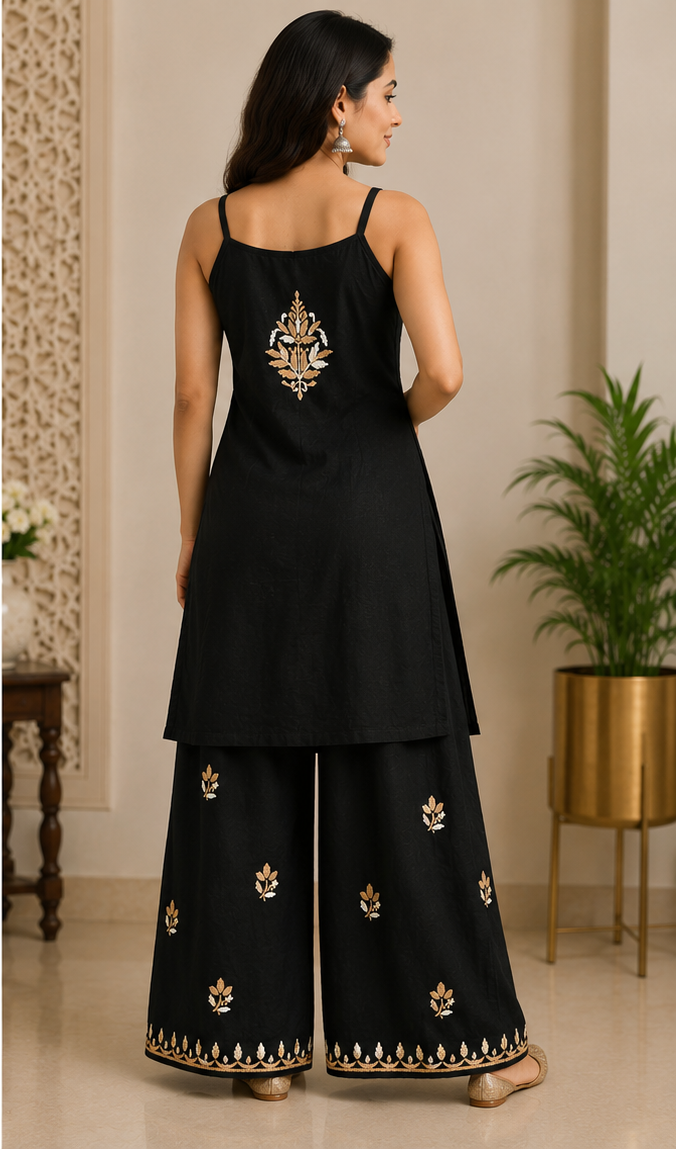 Rayon Black Kurti and Palazzo Set with White and Yellow Chikankari