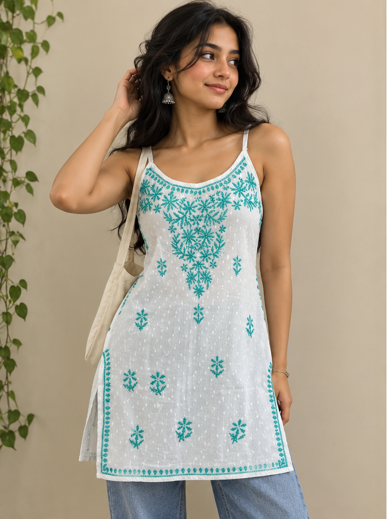 Cotton White Chikankari Sleeveless Top with Green Embroidery