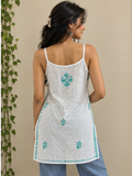 Cotton White Chikankari Sleeveless Top with Green Embroidery