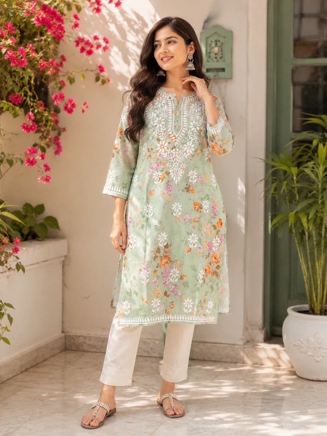 Sage Green Floral Printed Long Kurti with Handcrafted Chikankari Embroidery