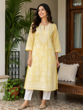 Pastel Yellow Handcrafted Chikankari Kurti Set with White Embroidery