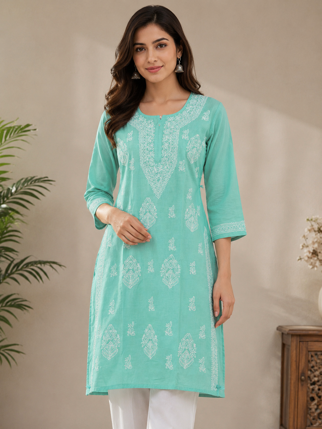 Seafoam Green Chikankari Style Long Kurti