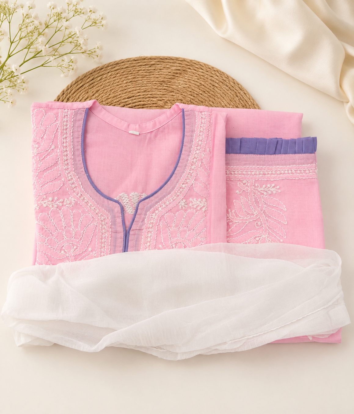 Pure Cotton Kids Chikankari Kurta Set with Dupatta (Pastel Pink)