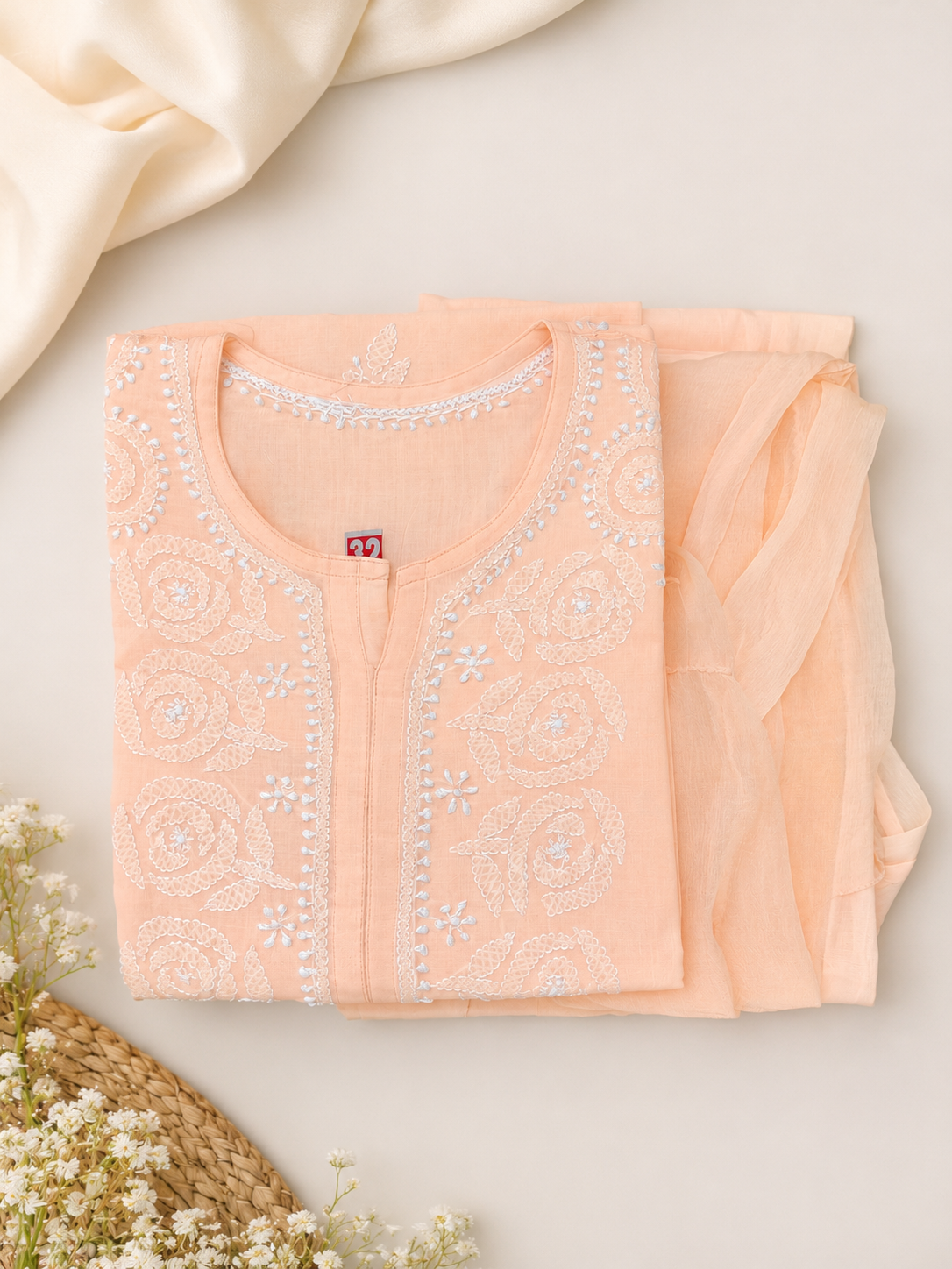 Kids Pure Cotton Chikankari Kurta Set with Sharara and Dupatta (Pastel Peach)