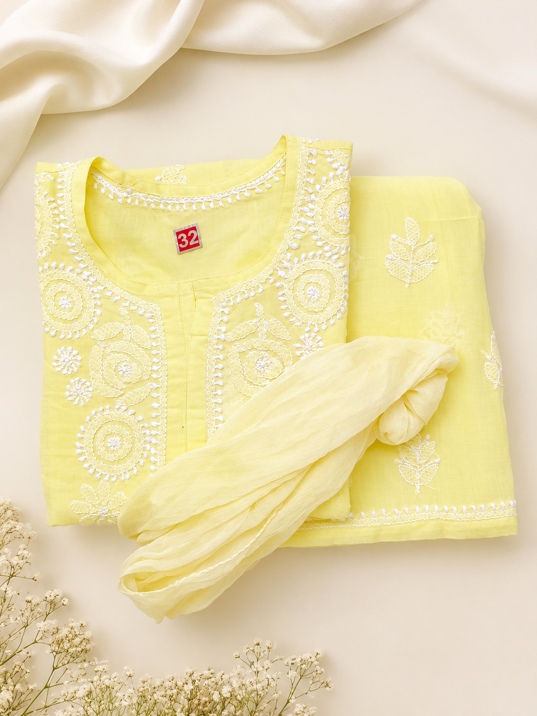 Kids Pure Cotton Chikankari Kurta Set with Sharara and Dupatta (Pastel Yellow)