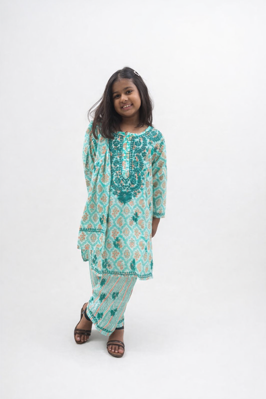 Girl's Hand-Embroidered Cotton Chikankari Kurta & Pant Set