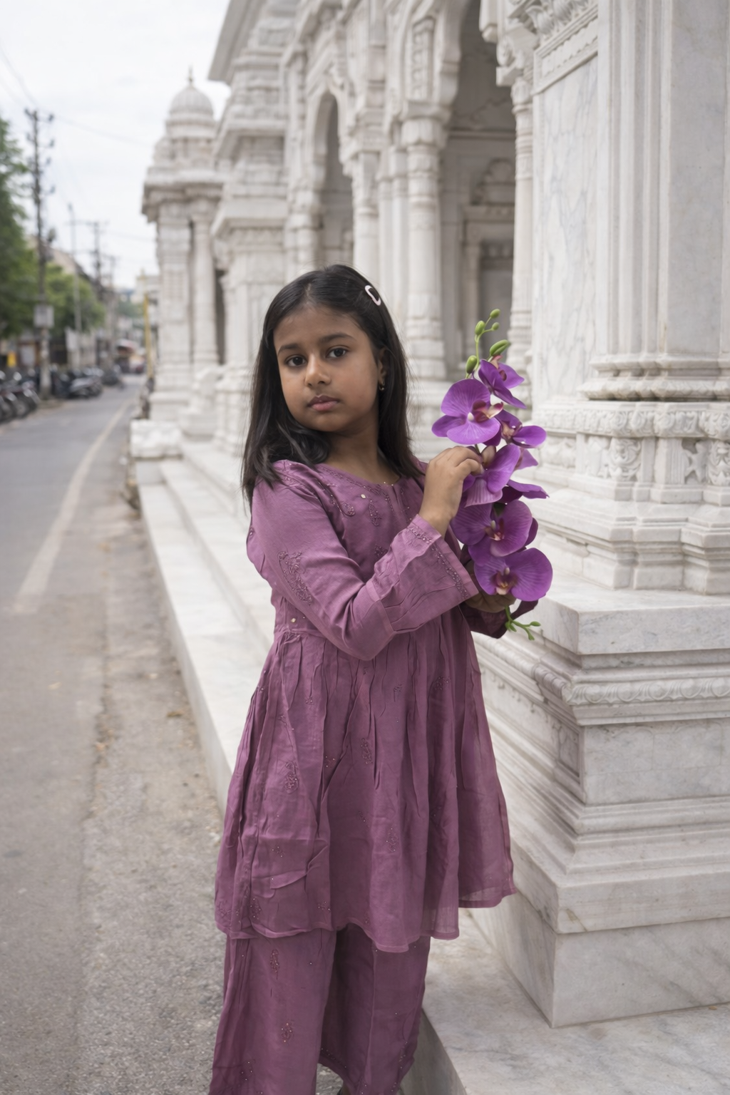 Girl's Hand-Embroidered Mul Cotton A-Line Kurta Set