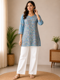 Powder Blue Short Kurti with Multi-Color Silk Thread Chikankari Embroidery