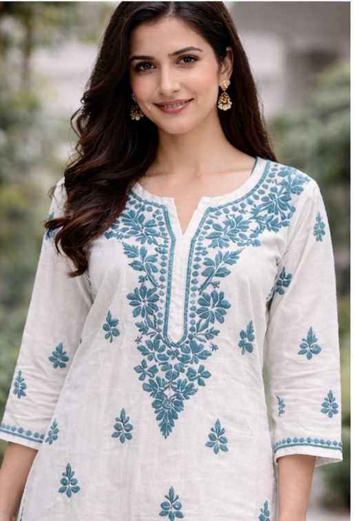Sky Blue & White Hand-Embroidered Kurti-Pant Set