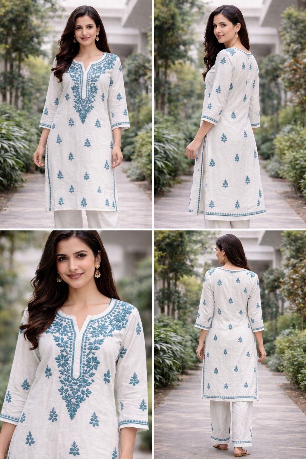 Sky Blue & White Hand-Embroidered Kurti-Pant Set