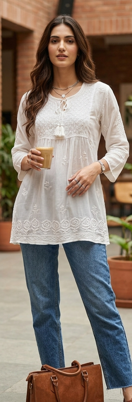 White Chikankari Cotton Top with Floral Yoke & Rose Border