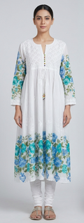 White Chikankari Cotton A Line Gown — Embroidered Yoke & Blue Floral Print