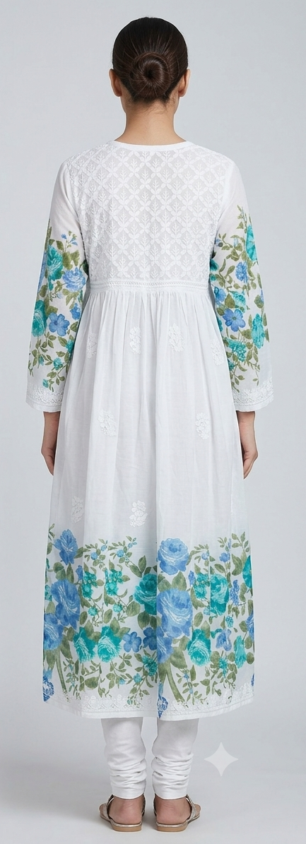 White Chikankari Cotton A Line Gown — Embroidered Yoke & Blue Floral Print