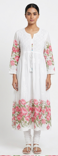White Chikankari Cotton A Line Gown — Embroidered Yoke & Pink Floral Print