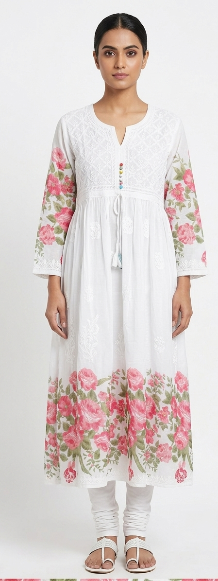 White Chikankari Cotton A Line Gown — Embroidered Yoke & Pink Floral Print