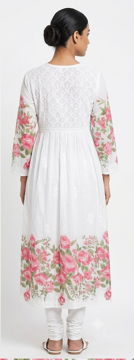 White Chikankari Cotton A Line Gown — Embroidered Yoke & Pink Floral Print