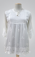 White Chikankari Cotton Top with Floral Yoke & Rose Border