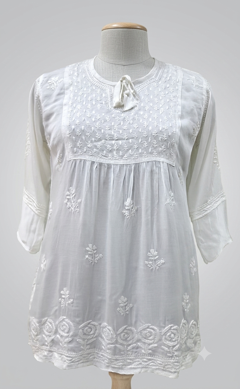 White Chikankari Cotton Top with Floral Yoke & Rose Border
