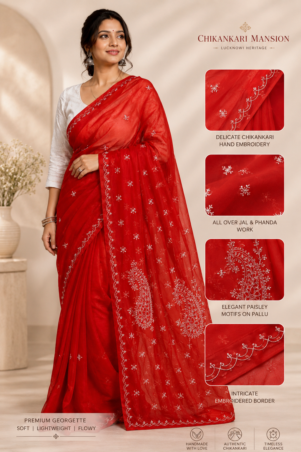 Red Georgette Chikankari Saree with White Hand Embroidery