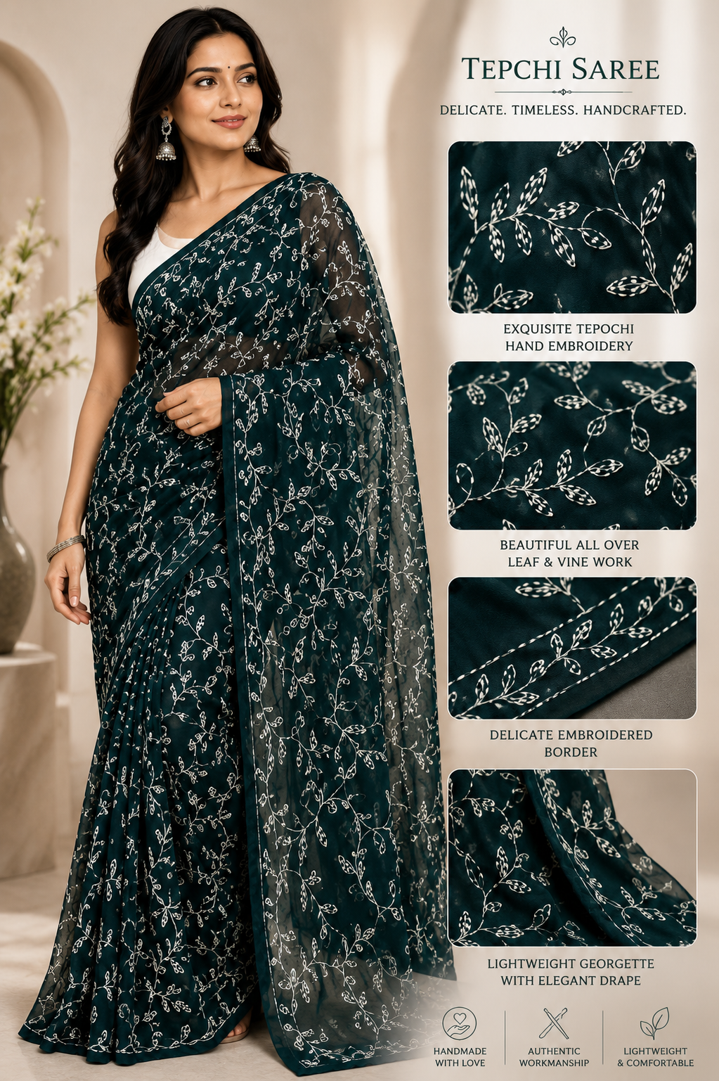 Dark Green Tepchi Georgette Saree | Hand Embroidered Lucknowi Saree