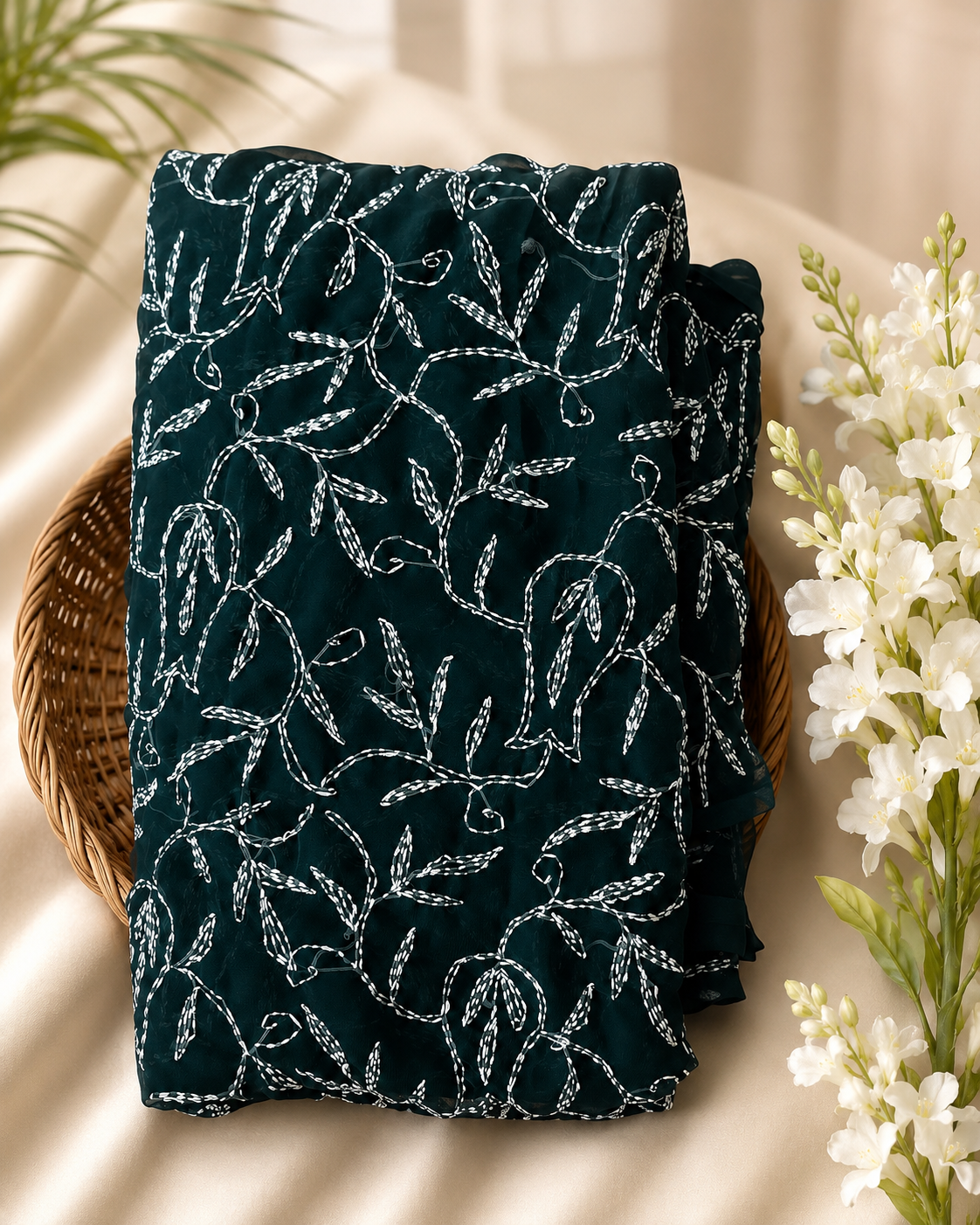 Dark Green Tepchi Georgette Saree | Hand Embroidered Lucknowi Saree