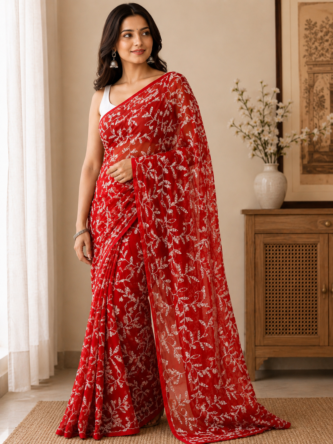 Dark Green Tepchi Georgette Saree | Hand Embroidered Lucknowi Saree