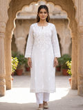 White Chikankari Cotton Kurti with Floral Yoke & Scattered Butas