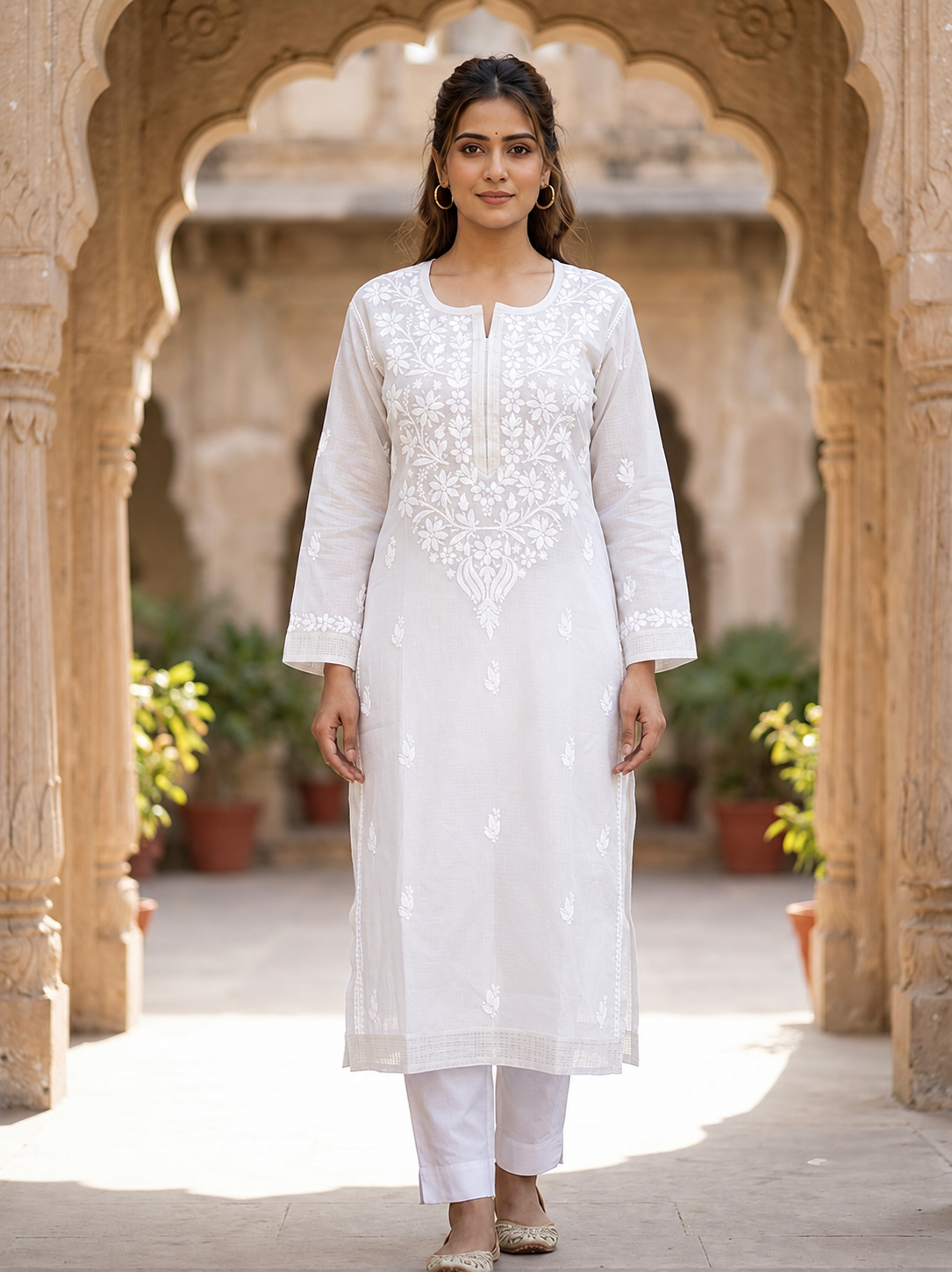 White Chikankari Cotton Kurti with Floral Yoke & Scattered Butas