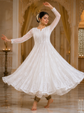 White Chikankari Anarkali — All-Over Embroidered Flared Kurta