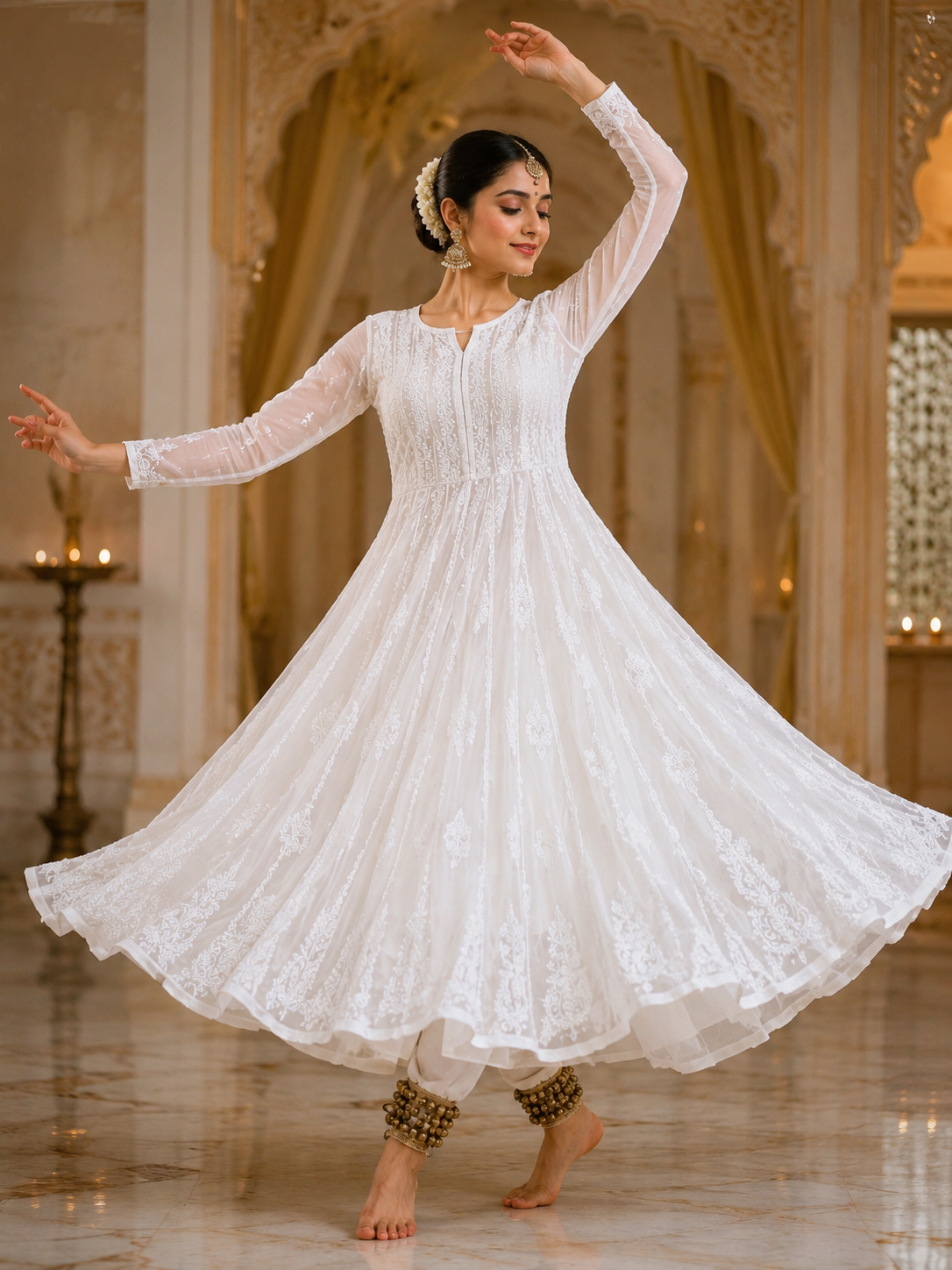 White Chikankari Anarkali — All-Over Embroidered Flared Kurta