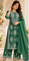 Chikankari Kurta Set - Emerald Green Chanderi Silk