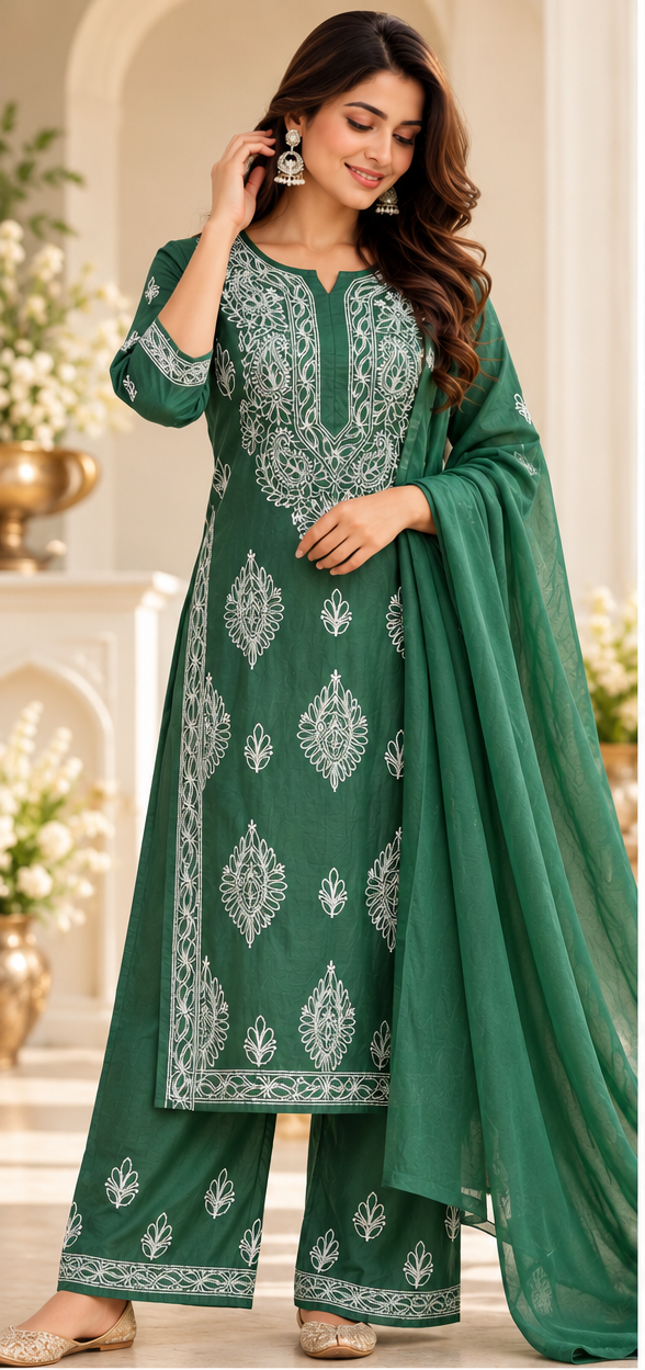 Chikankari Kurta Set - Emerald Green Chanderi Silk