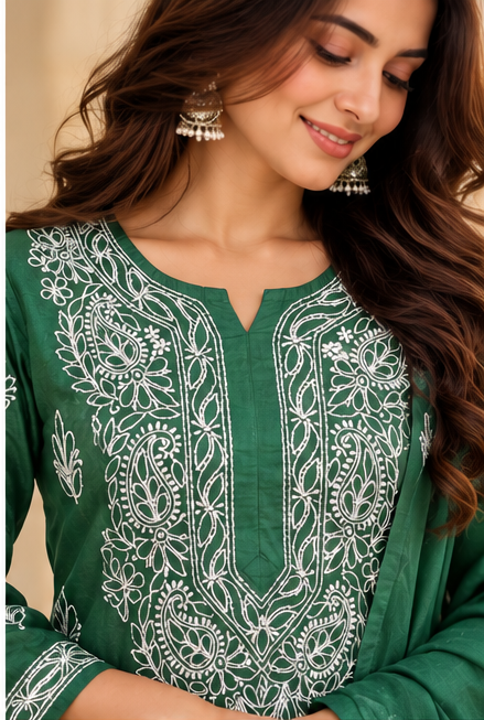 Chikankari Kurta Set - Emerald Green Chanderi Silk