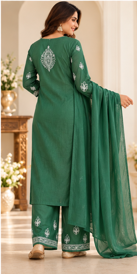 Chikankari Kurta Set - Emerald Green Chanderi Silk