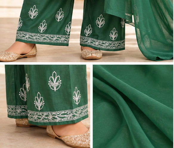 Chikankari Kurta Set - Emerald Green Chanderi Silk