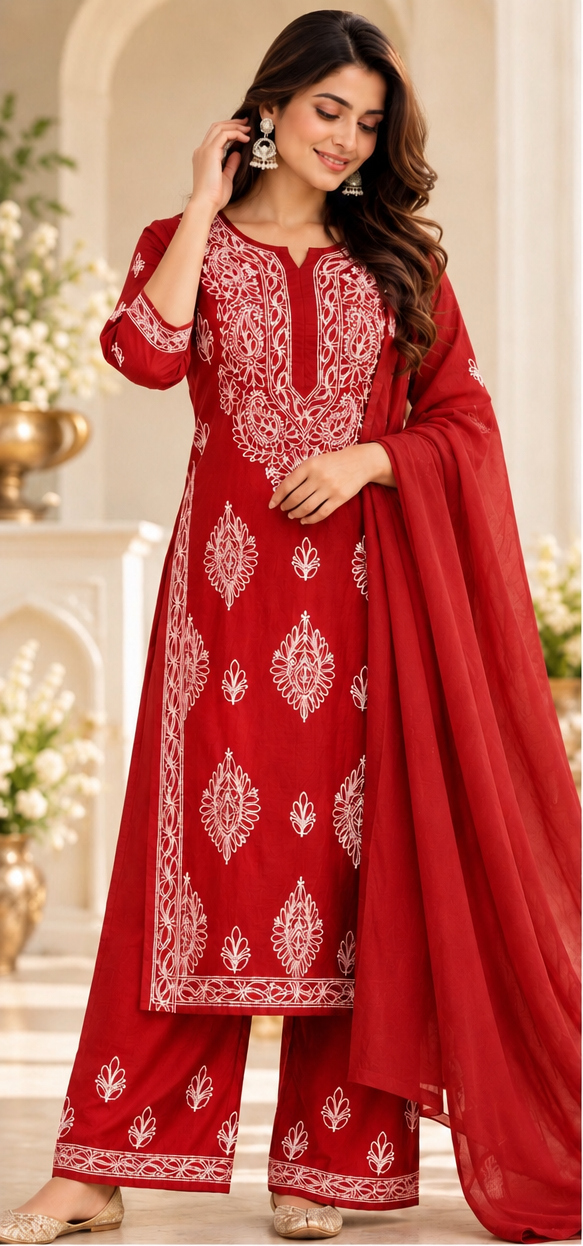 Chikankari Kurta Set - Red Chanderi Silk