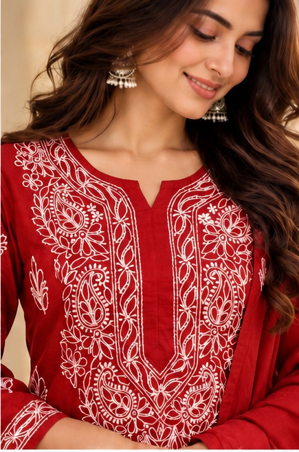 Chikankari Kurta Set - Red Chanderi Silk