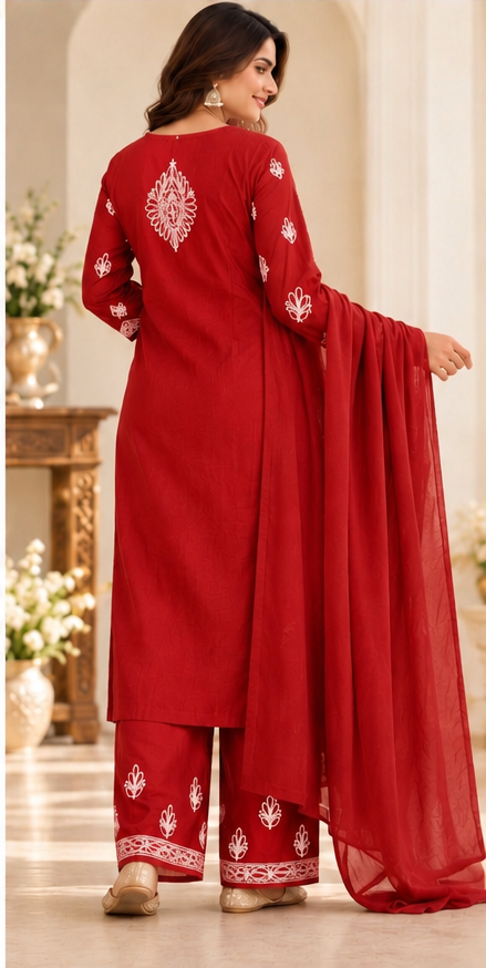 Chikankari Kurta Set - Red Chanderi Silk