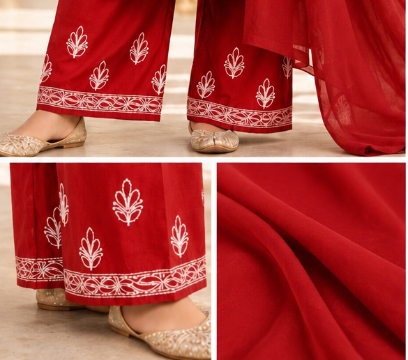 Chikankari Kurta Set - Red Chanderi Silk
